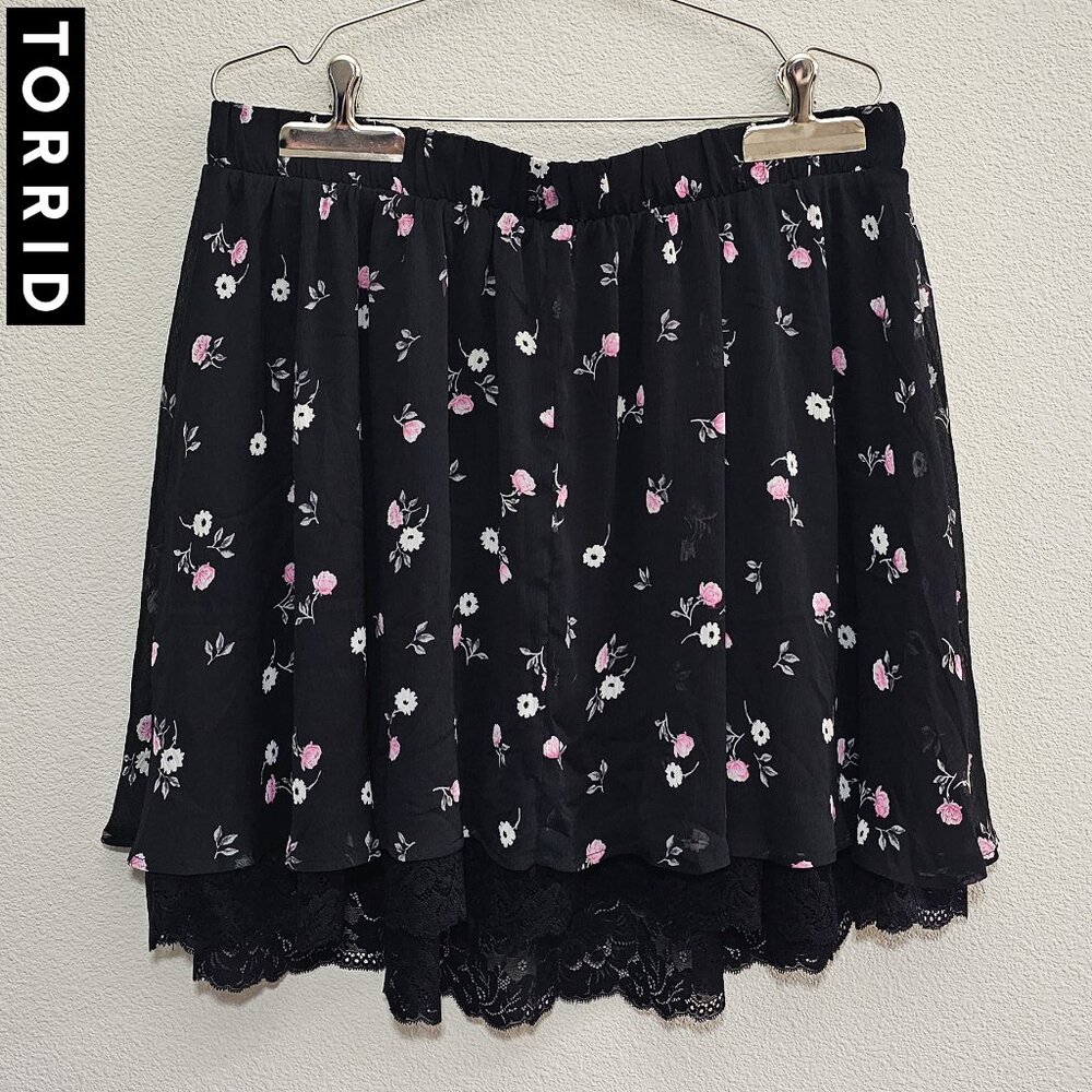 TORRID 0 Black Floral Flower Chiffon Lace Cute Mini Skirt Plus Size 12 L